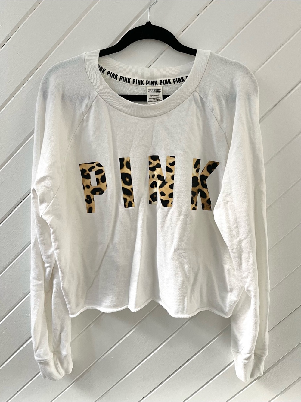 PINK Victoria's Secret White Crewneck Sweater with Leopard Logo